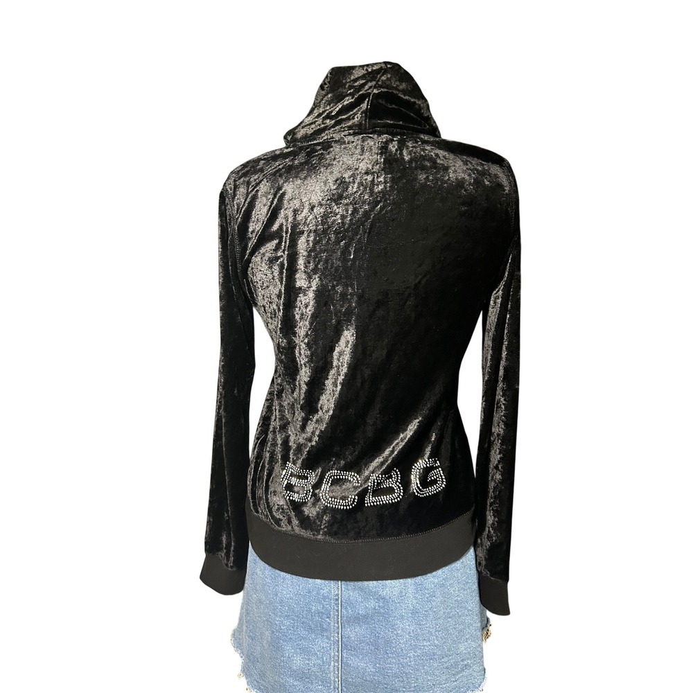 Vintage y2k BCBG Velvet Hoodie Medium Black Rhinestone Logo Zip Up Hooded Jacket